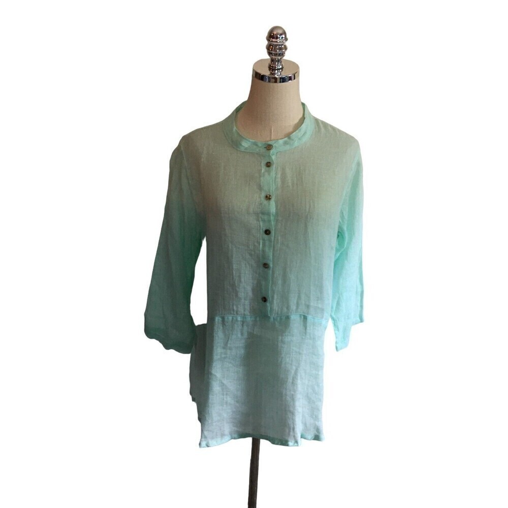 Color Me Cotton CMC Top Women's Size Medium Seafoam Green Linen Half Button Up